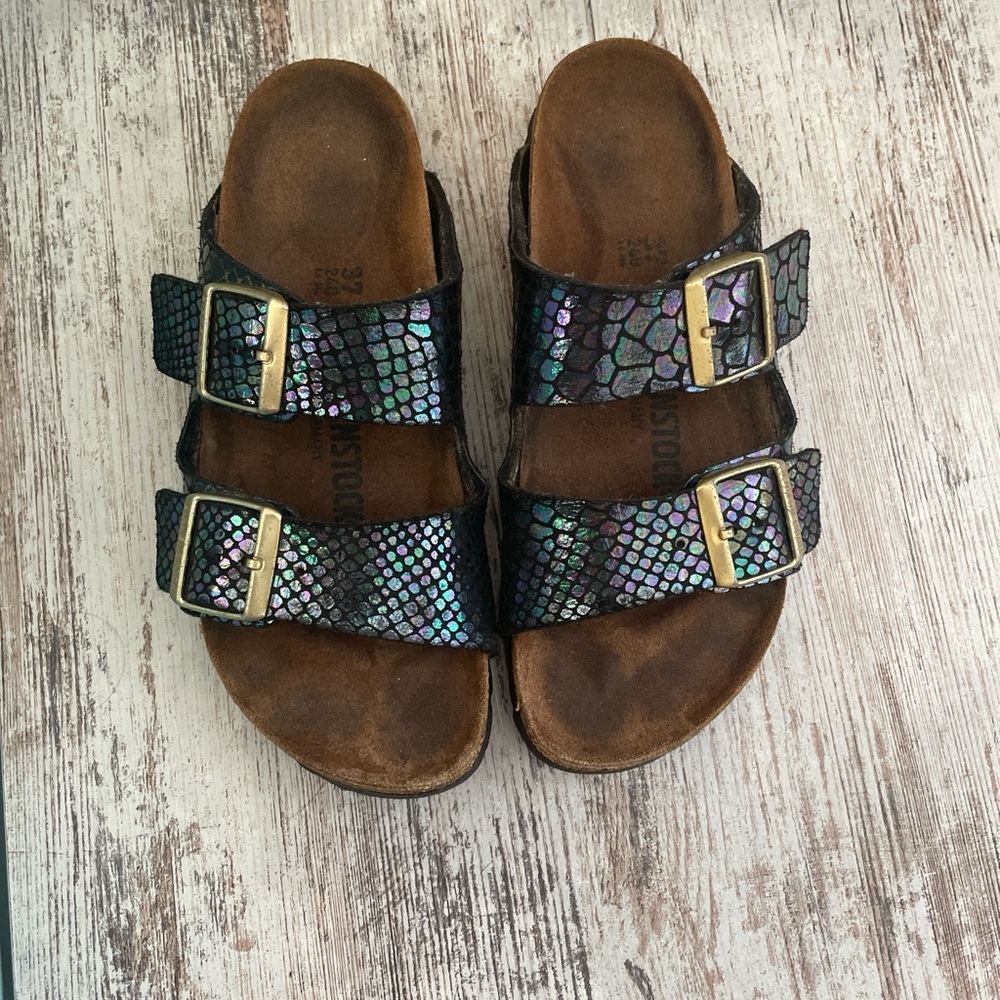 Birkenstock Arizona Black Iridescent Snake-Print Sandals
